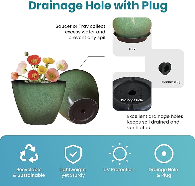 Vanslogreen 4 Pack 8 inch Plant Pots, Plastic Planter for Indoor Outdoor Plant with Drainage Holes and Saucers, Flower Pots for Garden Home Decor(Green, 4pcs)