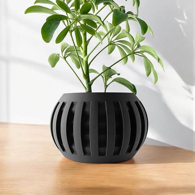 Grove Modern Planter – Black Plant Pot with Slat Design & Drainage, Contemporary Round Flower Vessel for Indoor Plants & Home Decor (Obsidian Black, Outer Dimensions: Compact 6" Width x 4" Height)