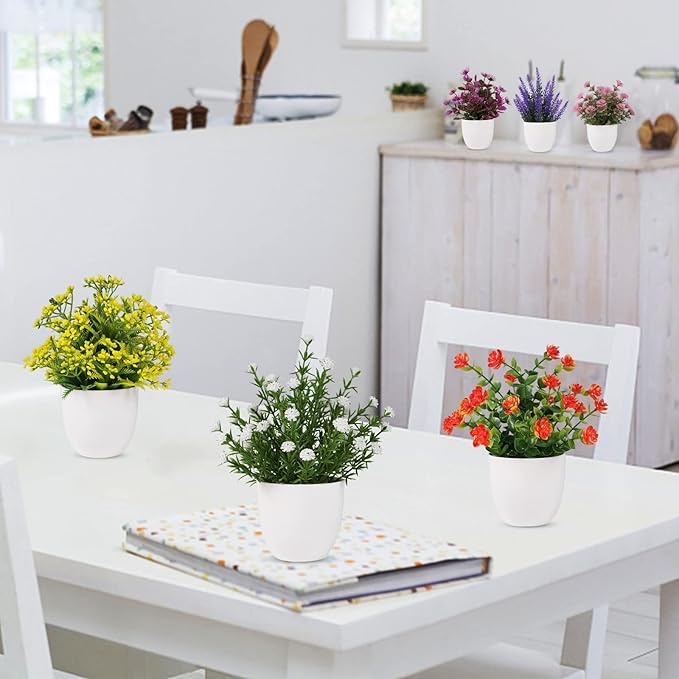 Yoratee Artificial Small Plant 6pcs Fake Flower Potted Plant Bathroom Faux Plant for Indoor Decor Window Tabletop Office Colorful Flower