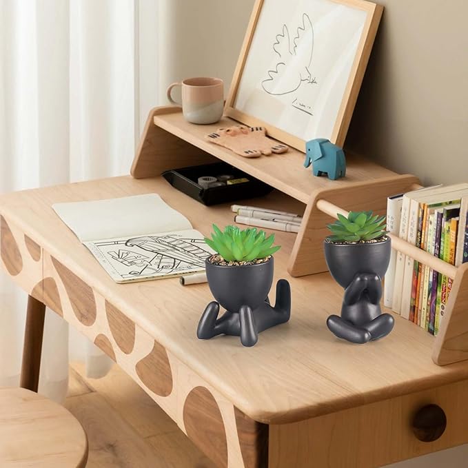 2 Pcs Succulent Artificial Plants Indoor Fake Plants for Office Desk Bathroom Bedroom Room Aesthetic Decor Accessories with Cute Creative Humanoid Ceramic Planter