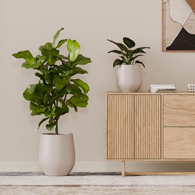 KUTE NEST 16.5" H x 15" D Premium Corso Fiberstone Round Tapered Planter with Drainage Hole, Weather Resistant for Indoor & Outdoor Use, Included 2 Extra Coco Mats (Taupe, 11.5" Pot Opening)