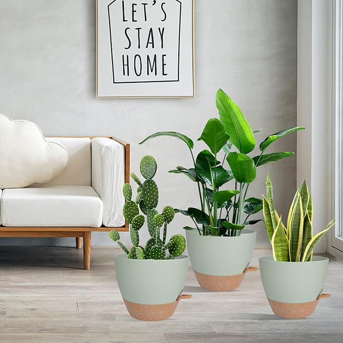 Vanslogreen Planters for Indoor Plants, 10/9/8 Inch Self Watering Plant Pots with Drainage Hole, Plastic Planters Flower Pots for Indoor Outdoor Plants (Green)