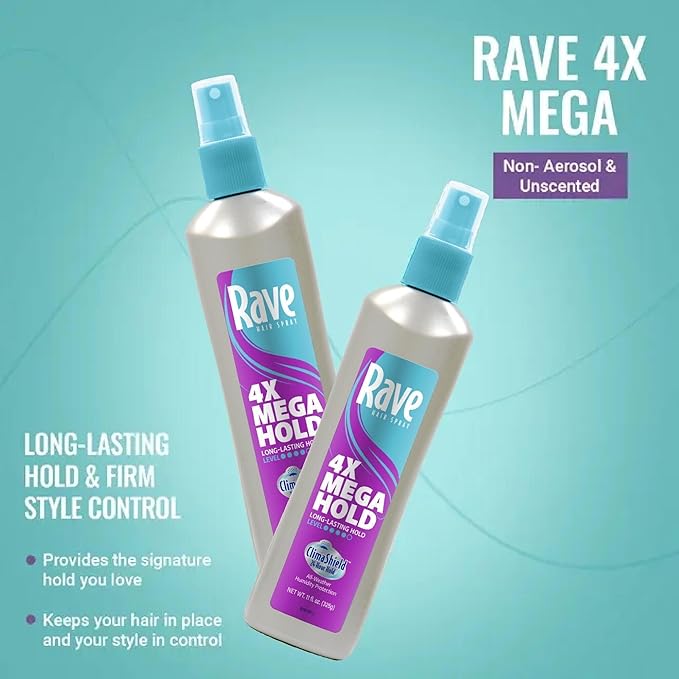 rave 4X Mega Long-Lasting Firm Hold Hair Spray for Heat Protection, Volume and Shine - 24 Hour Hold & Anti Humidity Spray for Hair - Minimizes Frizz - Unscented & Non Aerosol - 11 Fl Oz (Pack of 3)