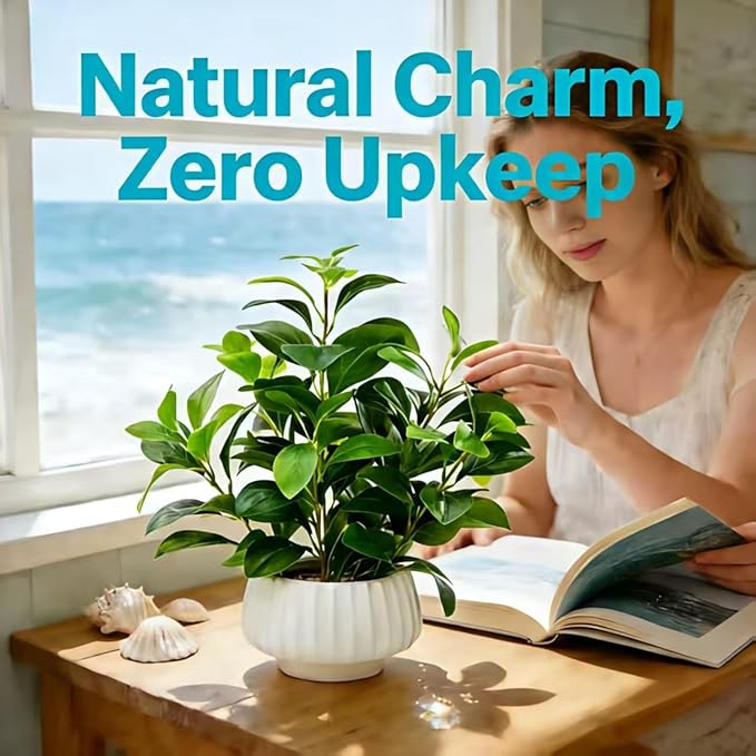 Artificial Peperomia Plant 16.5” Tall Lifelike Faux Greenery in 6” White Ribbed Ceramic Pot Realistic Indoor Fake Branches for Home Office Desk Shelf Bathroom Bedroom Farmhouse Decor