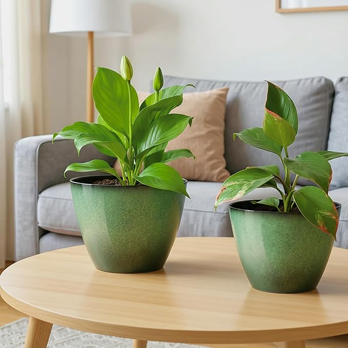 Vanslogreen 4 Pack 8 inch Plant Pots, Plastic Planter for Indoor Outdoor Plant with Drainage Holes and Saucers, Flower Pots for Garden Home Decor(Green, 4pcs)