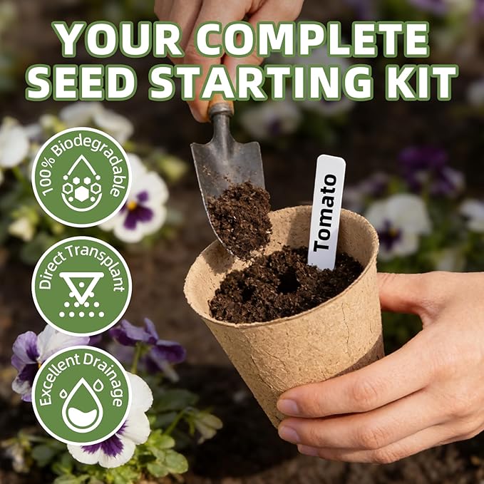 CLEANGOR 70Pcs Biodegradable 3.15” Peat Pots with 70Pcs Plant Labels, Biodegradable Seed Starter Pots with Drainage Holes, Nursery Pots for Seedlings, Herbs, Vegetables, Flowers, Gardening Kit