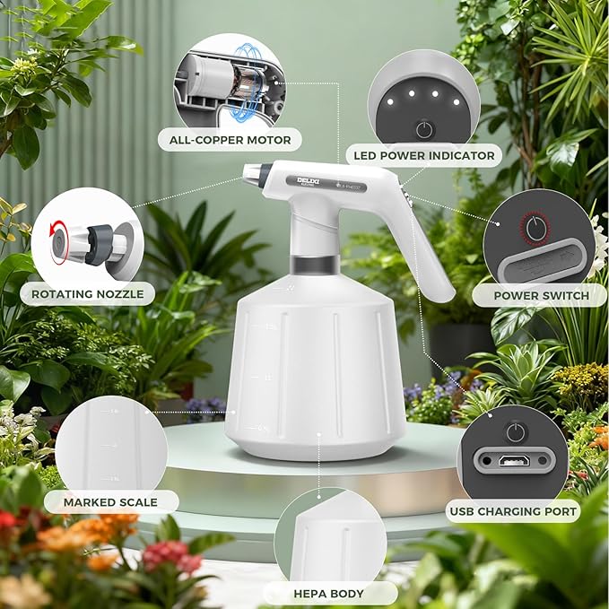 DELIXI Electric Spray Bottle 2L/0.5 Gallon, Electric Sprayer with Dual Spray Modes (Wide Mist & Jet), 1500mAh Battery and Ergonomic Grip Suitable for Garden, Patio, Indoor Plants & Flower Shop