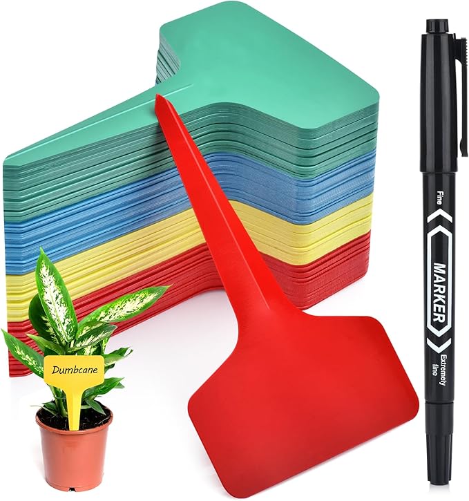 Darfukei Plant Labels 120pcs with Garden Plant Markers Pen of Outdoor Waterproof,Color T-Type Plant Tags and Permanent Marking Pen, Garden Labels Gardening Gifts for Women Men