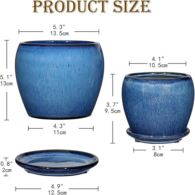 GnFlus Blue Ceramic Planter Pots with Drainage Holes, 5 Inch + 4 Inch Set of 2, Flower Plants Pot with Saucers Tray Planter Garden Pot for Succulent Cactus Home Decoration Gift Indoor Outdoor