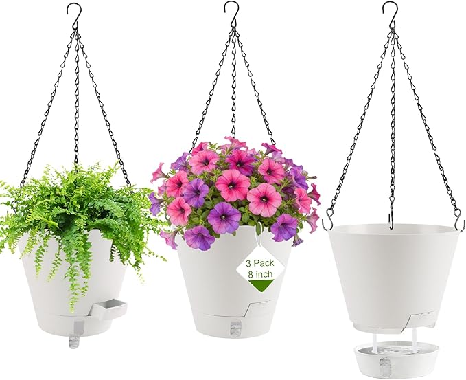 8 Inch Hanging Planters Indoor Outdoor, 3 Pack Plastic Self Watering Plant Pots with Drainage Holes & Saucers, Hanging Baskets Flower Pots with Chain for Ivy, Spider Plant, Pothos, Ferns