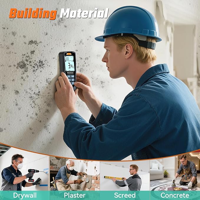 Pinless Moisture Meter for Drywall & Concrete – Digital Drywall Moisture Tester with 3-Color LCD Display, Audible Alarm & HOLD Function – Ideal for Firewood, Lumber, Home Inspections (Black)