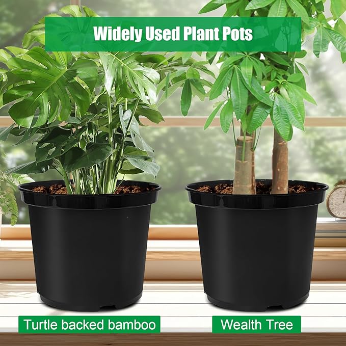 RooTrimmer 5 Gallon 12 Inch Plastic Nursery Pots, Plant Containers with Drainage Holes, Round Sturdy Garden Planters for Indoor/Outdoor Greenery, Gardening Gifts for Women (5-Pack, Black)