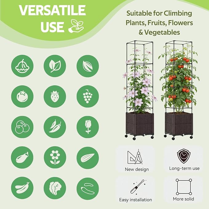 Raised Garden Bed Planter Box with Tomato Cage - Self-Watering Tomato Planters with Trellis for Climbing Plants Outdoor - Vertical Gardening Tomatoes Pot with Trellis Wheels for Vegetable Vine