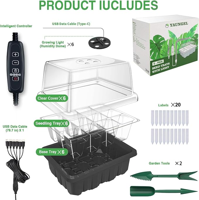 YAUNGEL Seed Starter Tray with Grow Light, 6 Pack Seed Starter Kit with Timing Controller Adjustable Brightness, Thicken Seedling Starter Trays with Humidity Domes Heightened Lids, Black