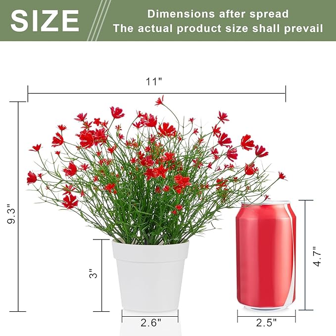 Artificial Babys Breath Potted Fake Plants with Flowers Faux Plants Indoor for Home Office Bookshelf Table Room Decor, Red (Pack of 2)
