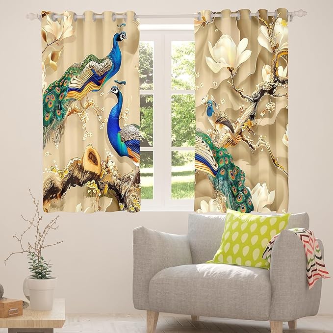 Feelyou Peacock Window Curtains Bedroom Living Room Peacock with Floral Window Drapes Kids Room Decor Adults Girls Animals Curtains Botanical Window Treatments 52W X 63L,2 Panels
