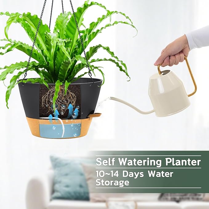 ZMTECH 2 Pack 12 Inch Hanging Planters for Indoor Plants, Large Gray Self Watering Hanging Planter with Water Level Window, Drainage & Adjustable Chain, Outdoor Flower Pots for Patio