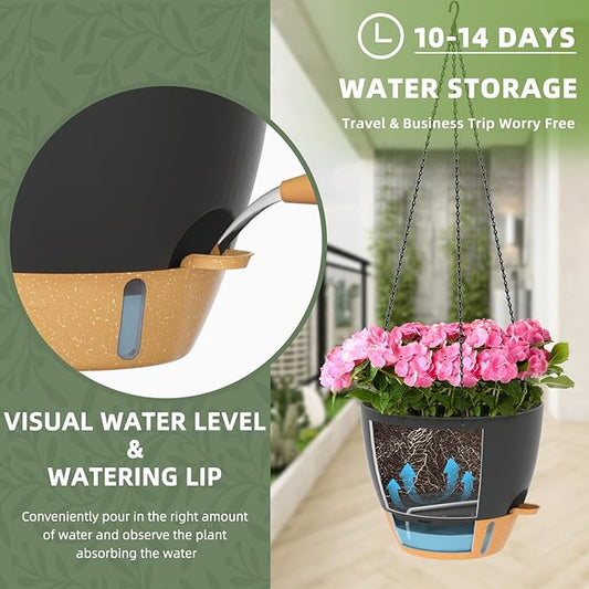 ZMTECH 12 Inch Hanging Planters for Indoor Outdoor Plants, 2 Pack Self Watering Hanging Plant Pots with Drainage Hole, Visual Reservoir, Plastic Flower Hanging Pots with Watering Lip (Black)
