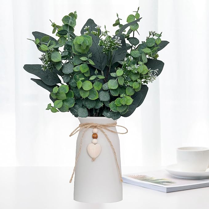 Artificial Silver Dollar Eucalyptus Stems in Vase, Rustic Farmhouse Greenery, Faux Eucalyptus Picks with Baby Eucalyptus & Wooden Heart for Home Décor, Weddings, Bouquets, and Table Centerpieces