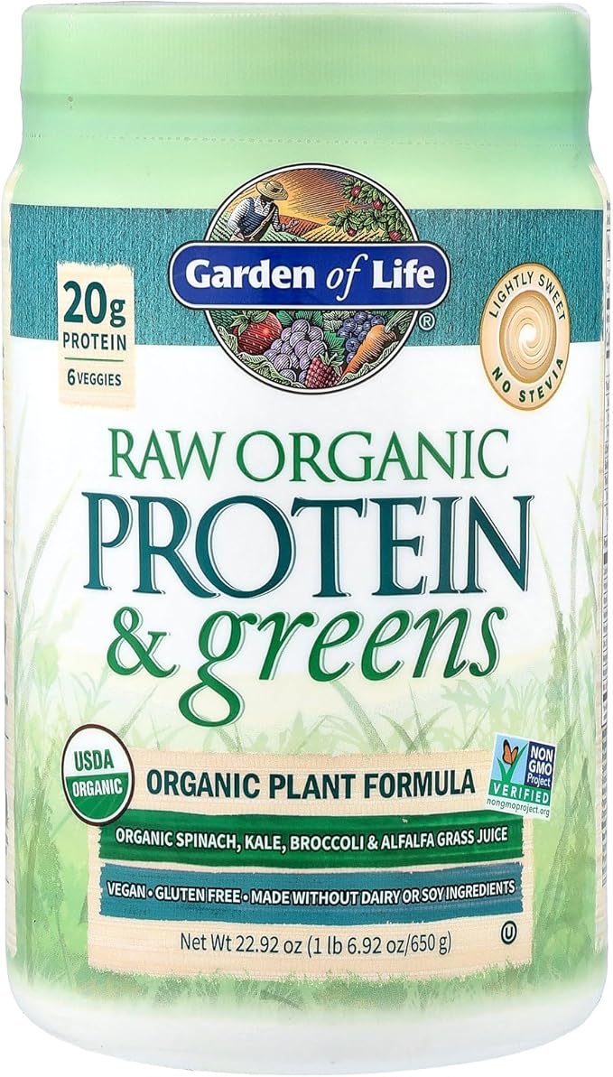 Garden of Life Raw Organic Protein & Greens Lightly Sweet, Vegan Protein Powder for Women and Men, Plant and Pea Protein, Greens, Probiotics, Gluten Free Low Carb Shake Made Without Dairy 20 Servings