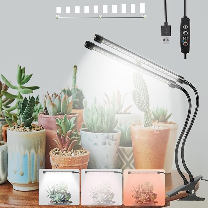Grow Lights for Indoor Plants, 6000K Full Spectrum Plant Lights for Indoor Growing White Red Led, Clip On Grow Light Plant Lamp for Seeding,Dimmable &Auto on/Off Timmer (White, 2Head-1Pack)