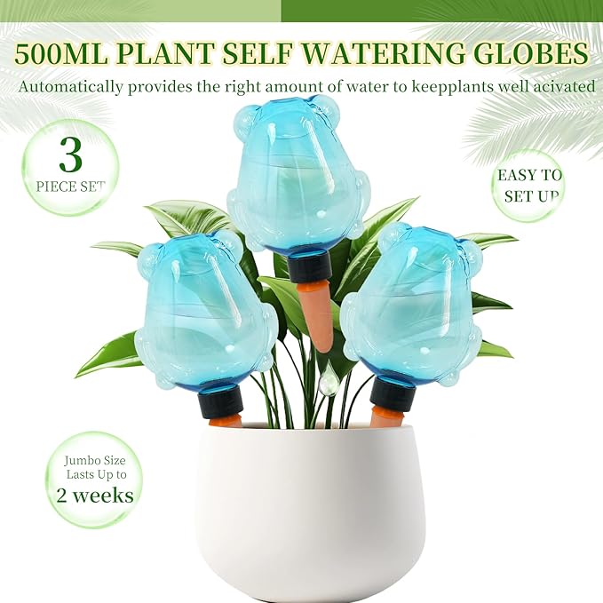 3 Pack Plant Self Watering Globes Top Fill for Indoor Plastic Water Bulbs Slow Release Terracotta 13oz Self Watering Planter Insert Automatic Drip Irrigation Water Spikes Stakes Devices System
