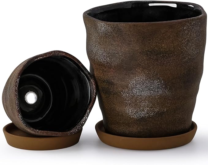 Modern Irregular Ceramic Planter Set of 2-4+6 Inch Unique Reactive Glaze Flower Pots with Drainage Holes & Saucers - Indoor Outdoor Decorative Succulent Orchid Pots,Brown