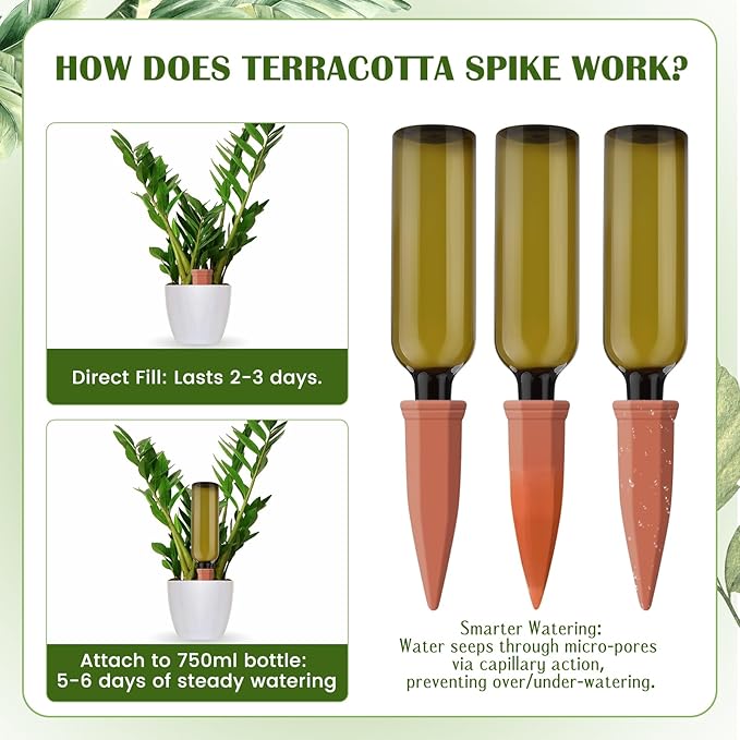 12 Pcs Self Watering Spikes for Plants Terracotta Automatic Plant Waterer Stakes with(25.5 Oz) Plastic PET Bottles, 6 Set Self Watering Globes Keep Plants Watered for 7-9 Days (6, Green)