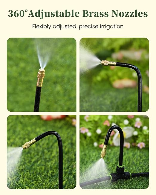 RAINPOINT 25FT Drip Irrigation System, Garden Watering Kit with 7pcs 360°Adjustable Copper Nozzles, Automatic Atomizing Watering Sprinkler System for Greenhouse, Lawn, Raised Beds, Outdoor Plants