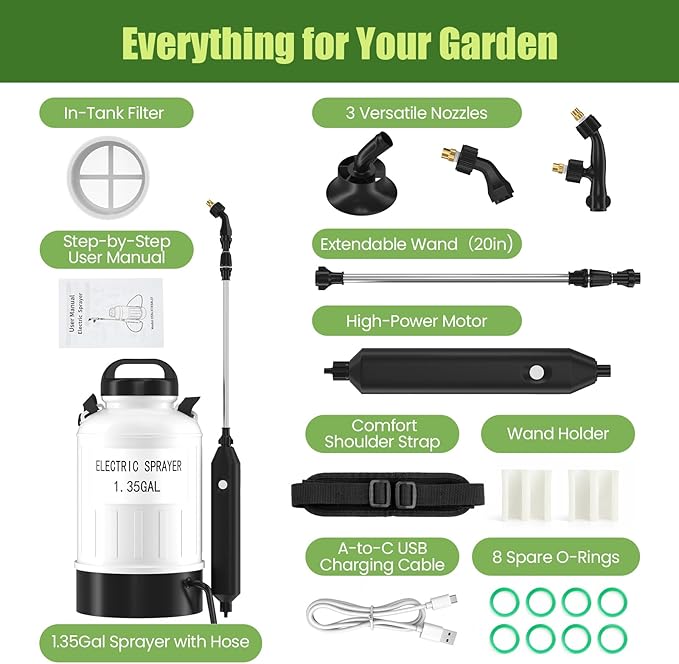 Battery Electric Sprayer, 1.35 Gallon USB Rechargeable Portable Lawn Garden Sprayer with 3.7V Battery, Adjustable Strap, Leak-Proof Wand, 3 Nozzles, 3-Hour Runtime for Plant Care,Outdoor Cleaning