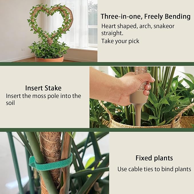 3 Moss Poles in 1, Bendable Monstera Plant Support, 29.9IN Tall Plant Stakes for Indoor Plants, Coir Pole Plant Support for Climbing Plants, Pothos, Philodendron-1 Pack