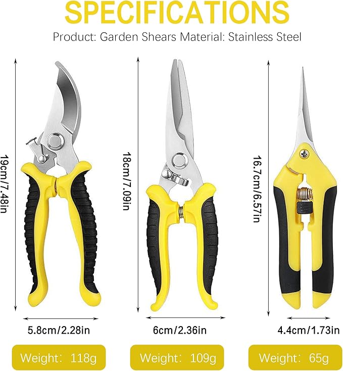 3PCS Garden Pruning Shears Set - Heavy Duty Bypass Pruners, Sharp Stainless Steel Gardening Scissors with Ergonomic Handle, Secateurs for Plants, Flowers, Fruit Trees, Bush Trimming (Yellow)