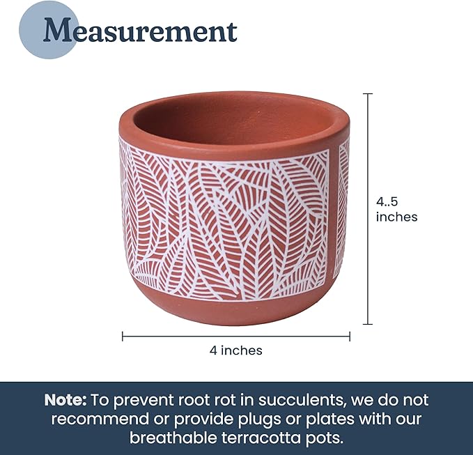 FINE Living 4 Inch Terracotta Pot with White Leaf Pattern, Boho Ceramic Planter Clay Pots for Indoor Plants, Succulent Planter with Drainage Hole and Mesh Net for Spring Gifts, Garden & Home Decor