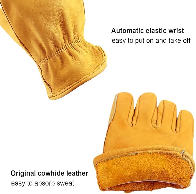 OZERO Leather Work Gloves for Men, Cowhide Gardening Gloves with Reinforced Palm, Flexible Keystone Thumb, Elastic Wrist