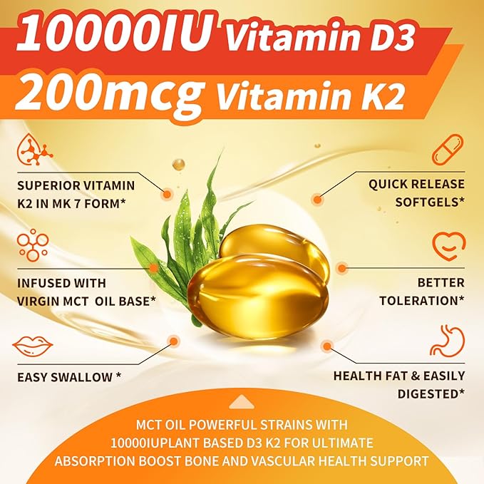 Plant-Based D3 K2 Vitamin 10000 IU w/ Virgin Coconut MCT Oil - 200 mcg MK7 Vitamin K2, Non-GMO for Ultimate Absorption - Bone, Immune & Heart Health - Easy to Swallow D & K Supplement - 250 Softgels