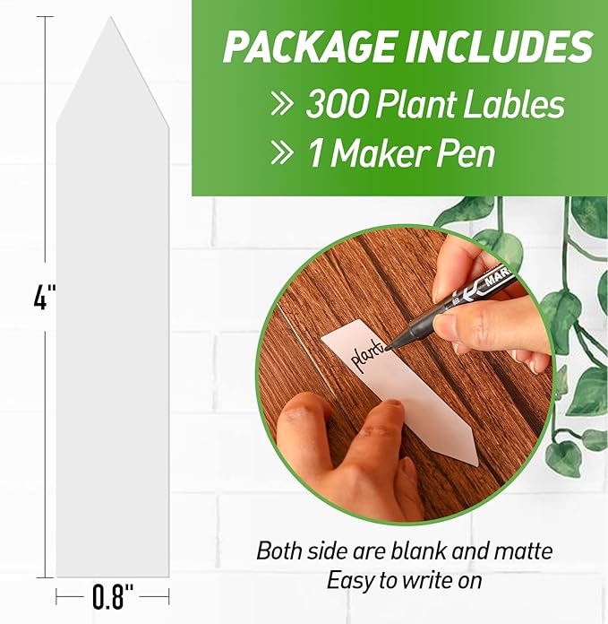 DMSKY Plant Labels 4 Inch 300 Pcs, White Plastic Plant Tags for Seedlings, Plant Markers for Outdoor Garden Waterproof Nursery Garden Labels with Permanet Marking Pen