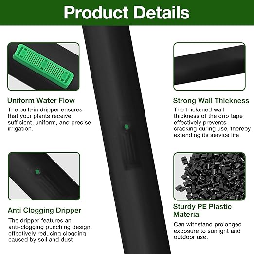 500FT 5/8 Inch Drip Tape Irrigation Kit, Kalolary 16 Mil Reinforced PE Flat Drips Tubing 6" Spacing Roll Landscape Garden Hose with Drip Tape Fittings & Hole Puncher Automatic Garden Irrigation System