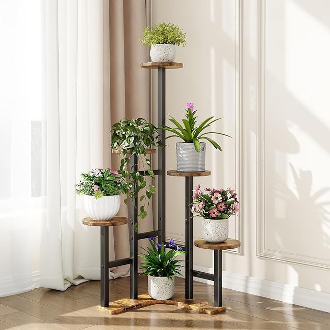 Yzosvki Corner Plant Stand Indoor, 6 Tiered Corner Plant Shelf Flower Stand for Multiple Plants, Plant Shelves Organizer Rack for Living Room, Balcony, Patio, Garden, Round Rustic Brown