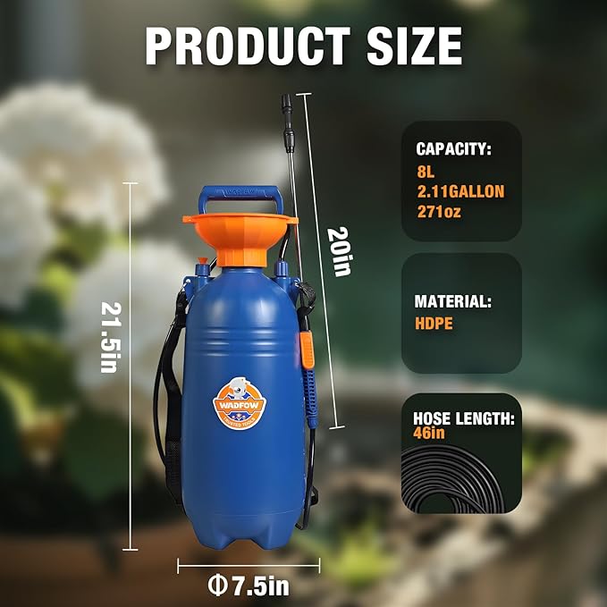 WADFOW 2.11 Gallon Pump Pressure Sprayer, Lawn & Garden Water Spray Bottle for Pests Controlling, Garden Watering and Household Cleaning