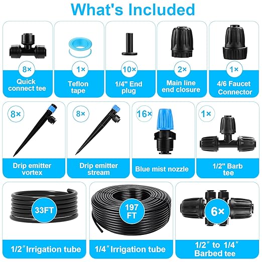 230FT Drip Irrigation System,Automatic Garden Watering System with 1/4" & 1/2" Tubing, Adjustable Spray Nozzles & Sprinklers and Accessories for Garden, Greenhouse, Lawn, Potted Plants