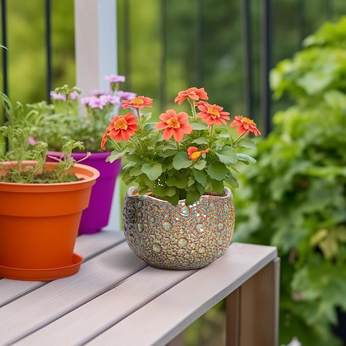 Ceramic Plant Pots - 6 Inch Plant Pot with Drainage Hole and Plug, Unique Planter for Indoor Plants Outdoor, Modern Planter, Round Orchid Pot, Room Decor, House Warming Gifts, Speckled-brown