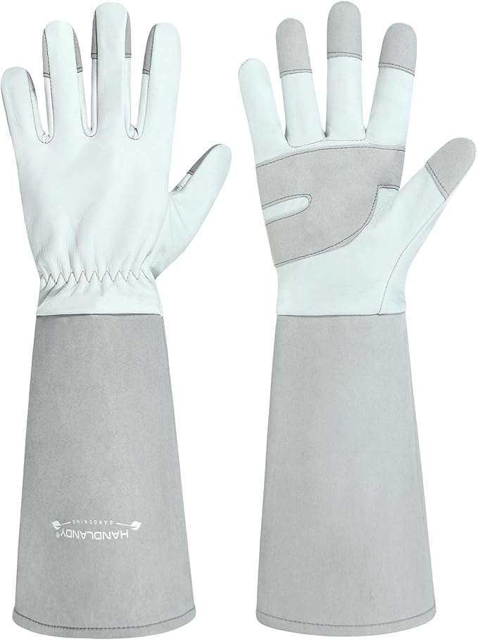 HANDLANDY Long Gardening Gloves for Men & Women, Thorn Proof Rose Pruning Gloves Leather Gauntlets Garden Glove Yard Work Glove (Silver Gray, Large)