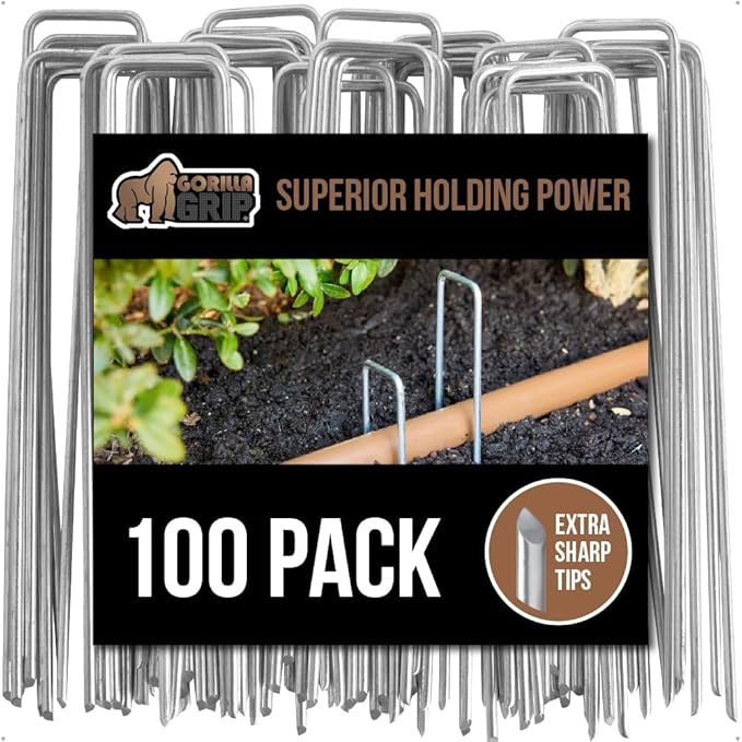 GORILLA GRIP Premium Landscape Staples 100 Pack 6 Inch, Heavy Duty 11 Gauge Galvanized Steel Garden Stakes, Sharp Rust Resistant Landscaping Pins, Lawn Anchors Weed Barrier Fabric, Sod, Irrigation