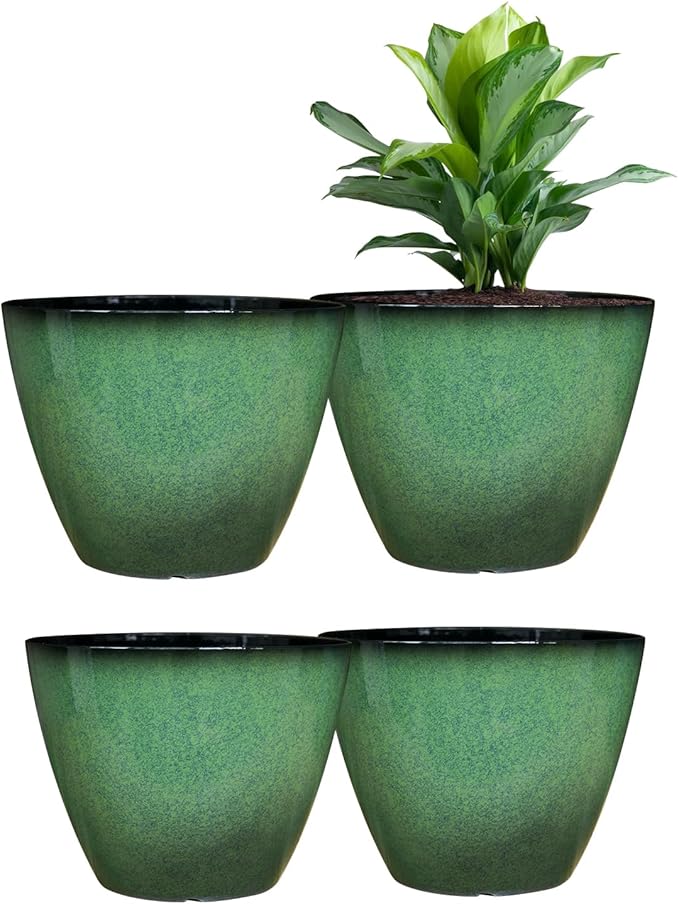 Vanslogreen 4 Pack 8 inch Plant Pots, Plastic Planter for Indoor Outdoor Plant with Drainage Holes and Saucers, Flower Pots for Garden Home Decor(Green, 4pcs)