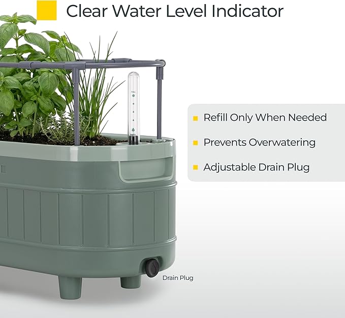 Permasteel Herb Garden Planter with Trellis Support, Self-Watering System with Water Level Indicator, Fits Multiple Herb Plants, for Basil, Flowers, Succulents, Indoor & Outdoor, Green