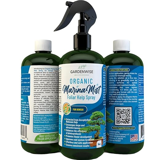 GARDENWISE Organic Marina Mist Foliar Spray for All Live Indoor and Outdoor Bonsai Tree Plants | Micro Nutrients for Vital Bonsai Health | Gentle Formula | Liquid Plant Food | Quick Results (16 oz)
