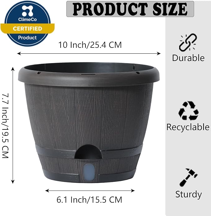 SUN-E 10 Inch Self Watering Planter Pots 3Pack-Dark Brown Realistic Wood Grain with Water Level Indicator, Drainage Holes&Saucer Whiskey Barrel Planters Plastic Flower Pots,Plants & Decor Not Included
