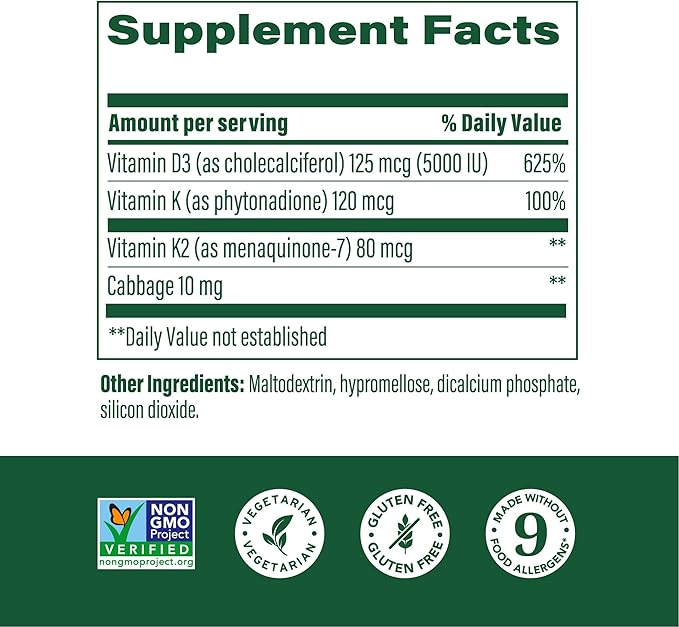 MegaFood Vitamin D3 5000 IU (125 mcg) - Vegetarian Supplements with Vitamin D3 K2 - Supports Bones, Teeth, Muscles & Immune Health - Certified Non-GMO - 60 Mini Capsules, 60 Servings (Pack of 2)