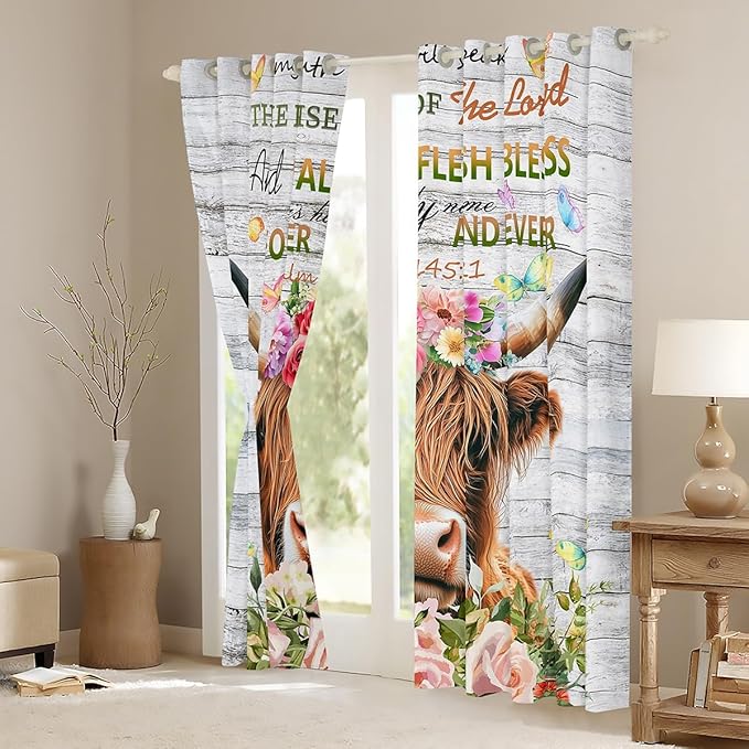 Feelyou Highland Cow Curtains Rose Highland Cattle Window Curtains Bedroom Living Room Kids Room Decor Boys Girls Bull Cattle Window Drapes Botanical Floral Window Treatments 52W X 90L，2 Panels