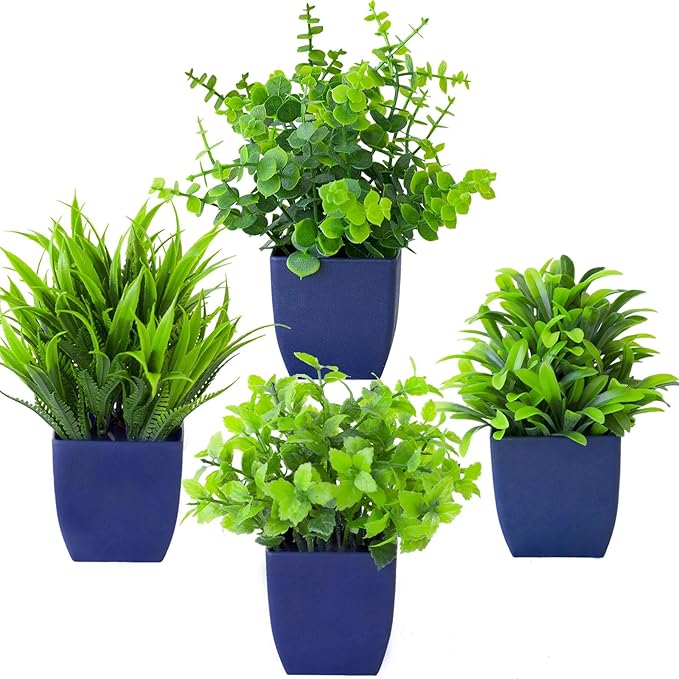 Grever 4 Pack Small Fake Plants in Blue Pot Mini Artificial Potted Plants for Home Bathroom Office Table Desk Shelf Indoor Decor